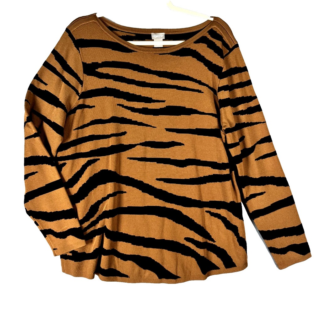 Chico's Animal Print Tiger Women's 3 Sweater XL Artsy Eclectic Animalcore